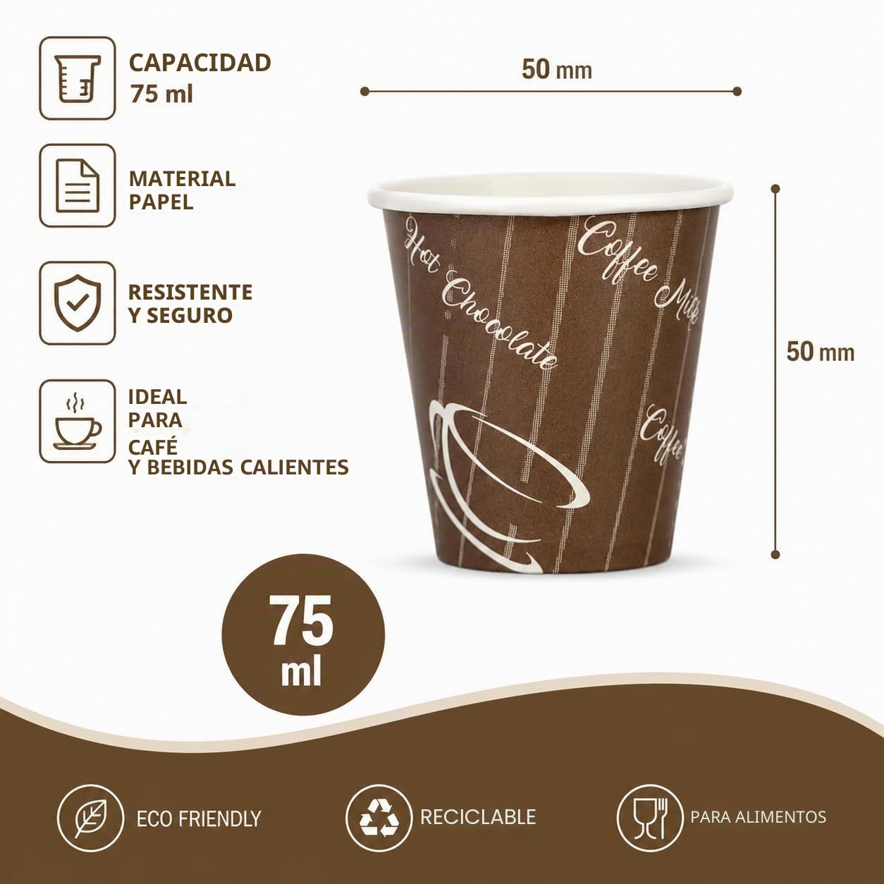COFFISANO 1000 vasos de café de papel desechables, para oficina, bar, marrón, ecológico, compostable, vasos desechables para bebidas calientes, expreso, té, chocolate, 75 ml