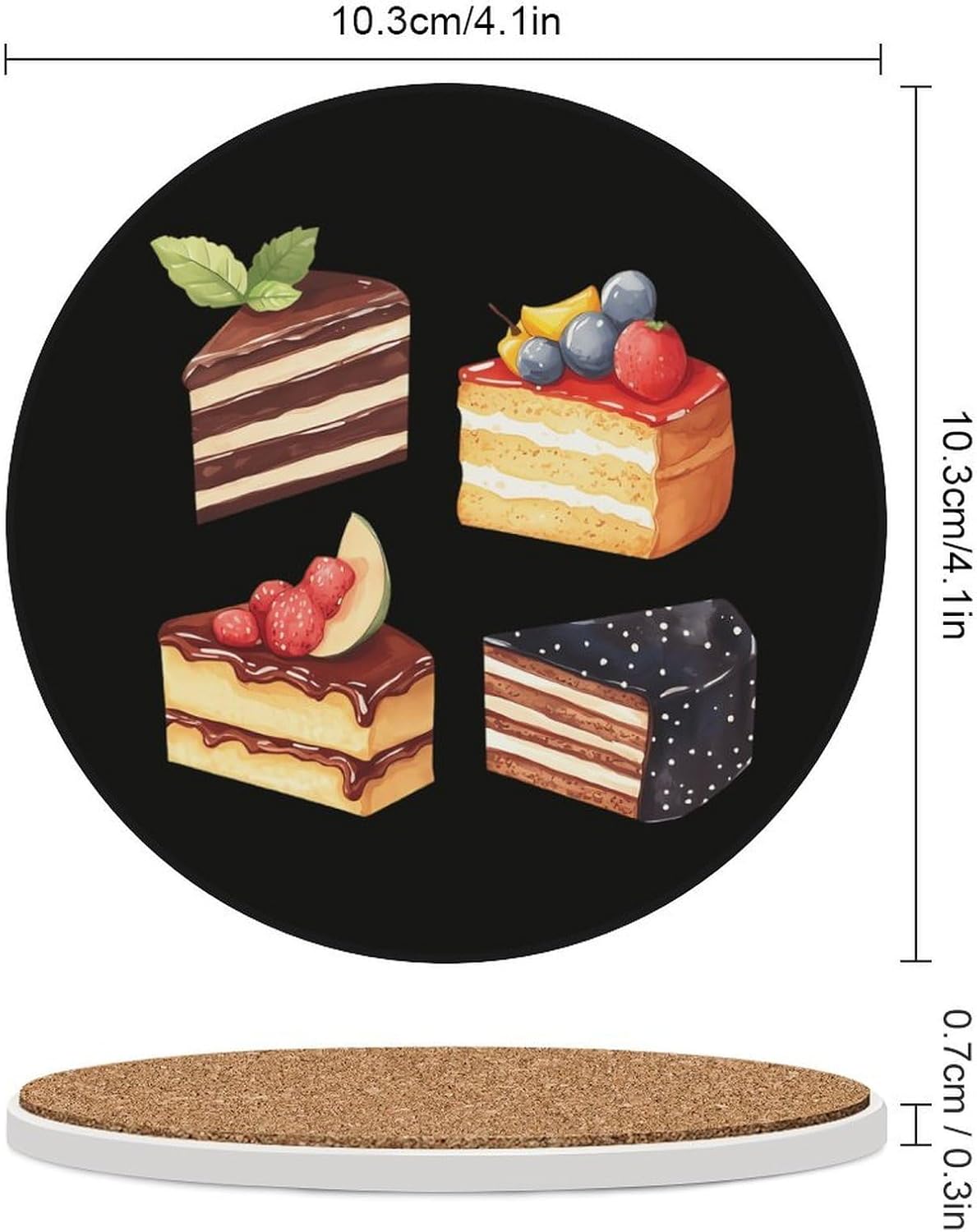 Cakes Chocolate Round Ceramic Coasters Print Drinks Absorbent with Cork Base for Home Decor Gifts 4 Inch