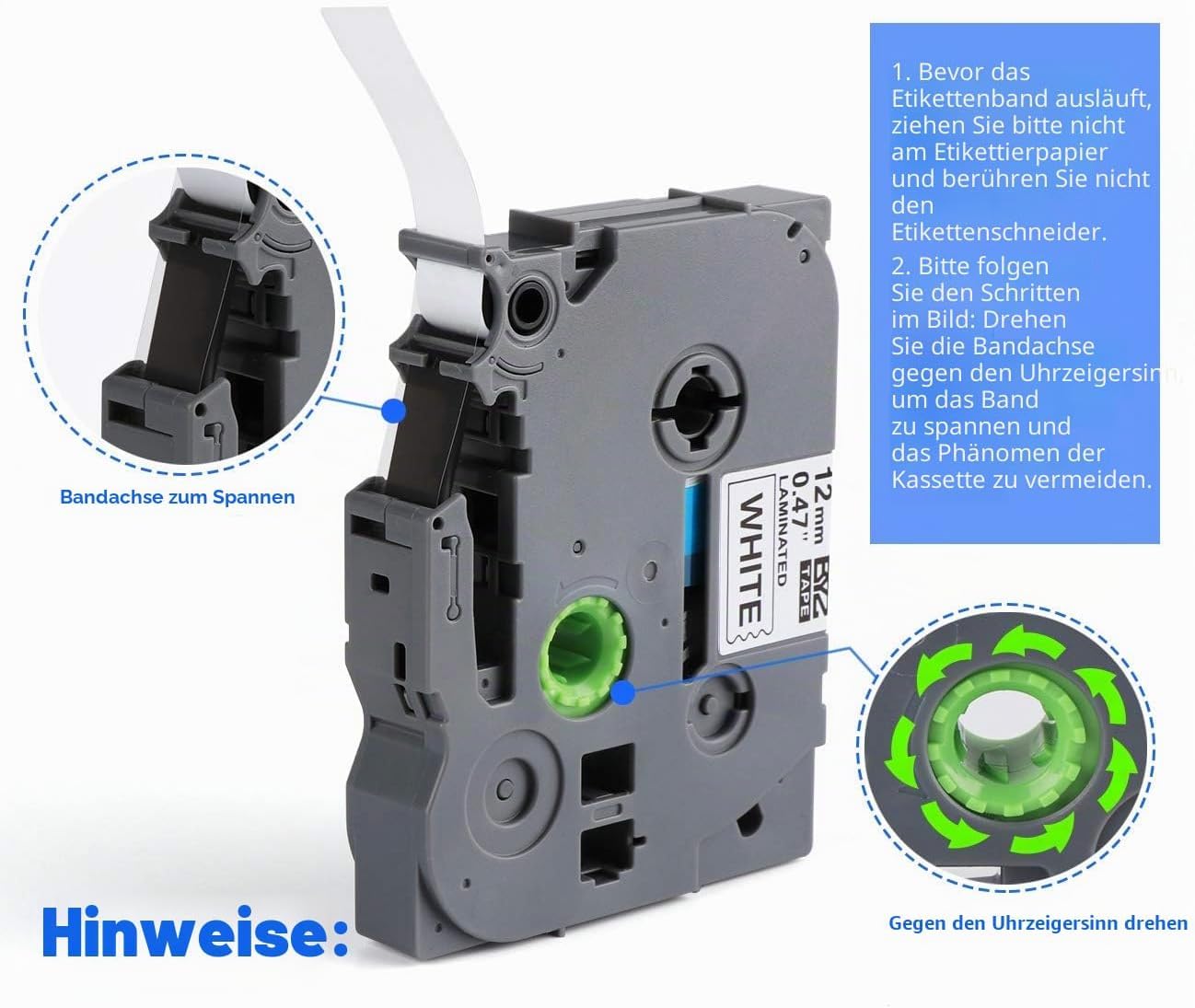 Ruban Étiqueteuse Cassette 12mm x 8m Noir sur Blanc Compatible Brother P-Touch PT-E100 PT-E200