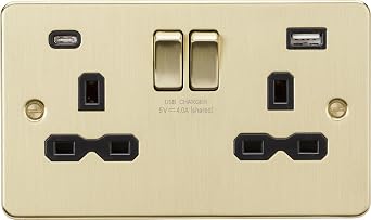 13A 2G SP Switched Socket with Dual USB A+C 5V DC 4.0A shared - Brushed Brass with black Insert
