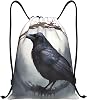 Black Crow print Drawstring Bag Waterproof Portable Backpack Traveling Sackpack For Gym Shopping Sport Medium