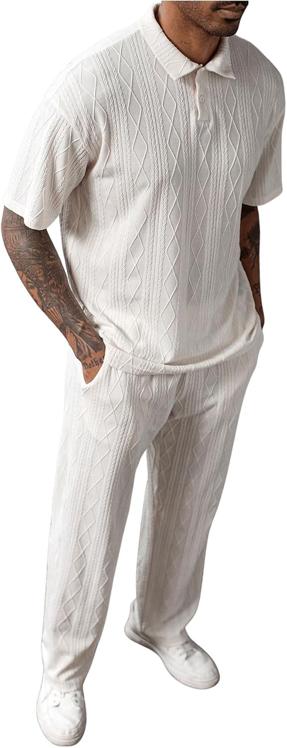 VIPWOLF Men's Textured Golf Outfits Short Sleeve Tennis Shirts and Drawstring Pants 2 Piece Athletic Set
