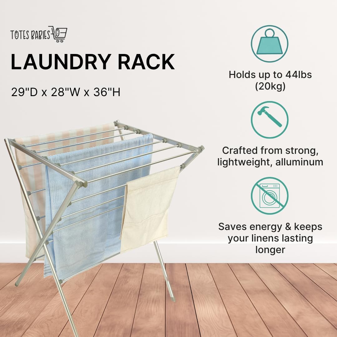 TOTES BABIES Premium Aluminum Foldable Laundry Rack for Air Drying Clothing, Towels and Linens, Easy Assembly, Energy Saving, 12 Rails, Conveniently 36 Inches Tall