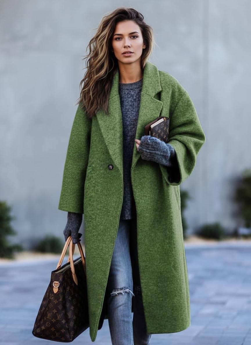 TIAFORD Women's Winter Lapel Wool Blend Trench Pea Coat Casual Single Breasted Oversized Warm Overcoat Jacket with Pockets