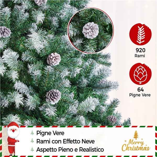 Yaheetech Albero di Natale 183 cm Artificiale Innevato con Pigne 920 Rami Incernierati Effetto Realistico con Supporto Metallo Pieghevole Decorazioni Natalizie