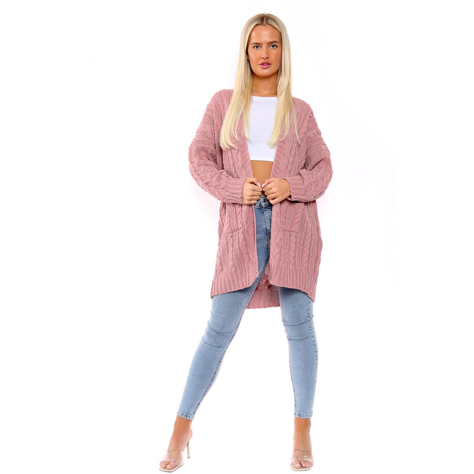 Hamishkane Women's Pink New Oversized Baggy Chunky Cable Knitted Jumper Pocket Cape Long Cardigan