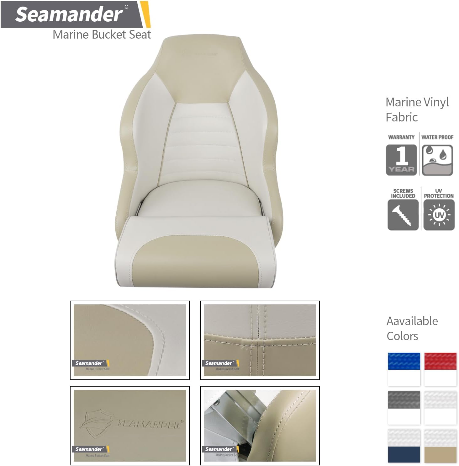Seamander Premier Series Captain Bucket Seat with Flip Up Bolster, Boat Seat Suitable For Fishing and Pontoon boats (D-Ivory/Tan)