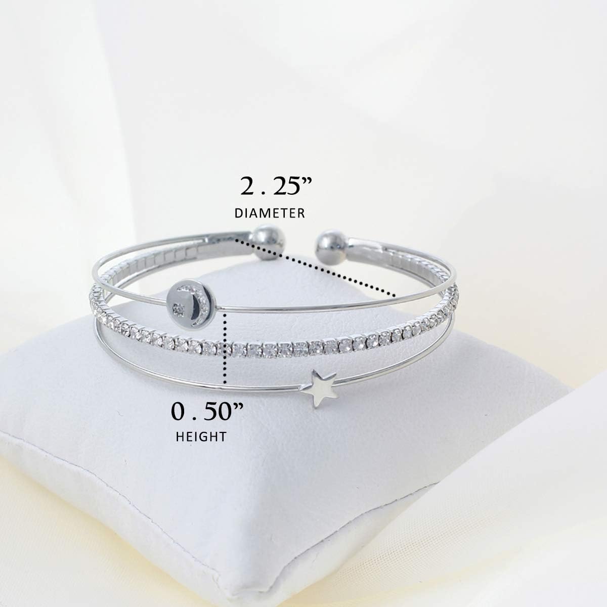 NTLX CZ Bangle Bracelets for Women - Cubic Zirconia Bracelet – CZ & Rhinestone 3 Line Memory Wire Bracelet – Silver, Gold, Rose Gold Plated - Moon & Star Design - with Gift Box included - Great Gift - Image 2