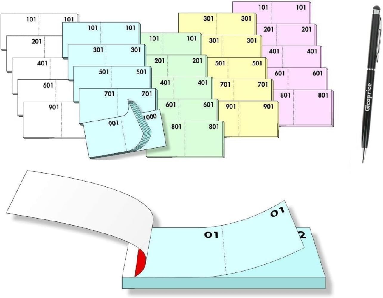 Blocchetti Numerati da 1 a 1000 13x6 cm Confezione 10 Blocchi Colorati Misti con Penna Touch