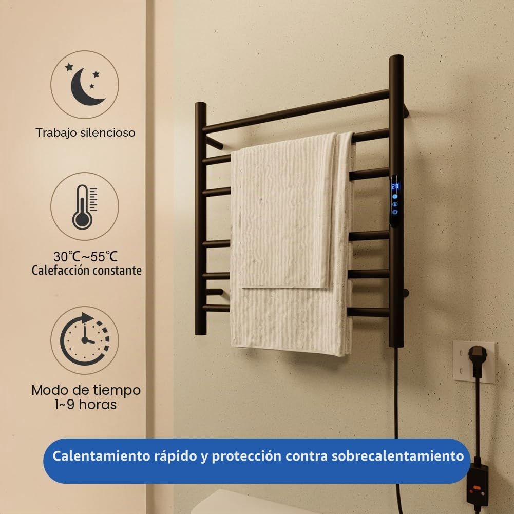KWW - Toallero con calefacción, control remoto con APP Tuya, calentador de toallas con temporizador, calentador de toallas montado en la pared para baño (negro mate, 5 barras)