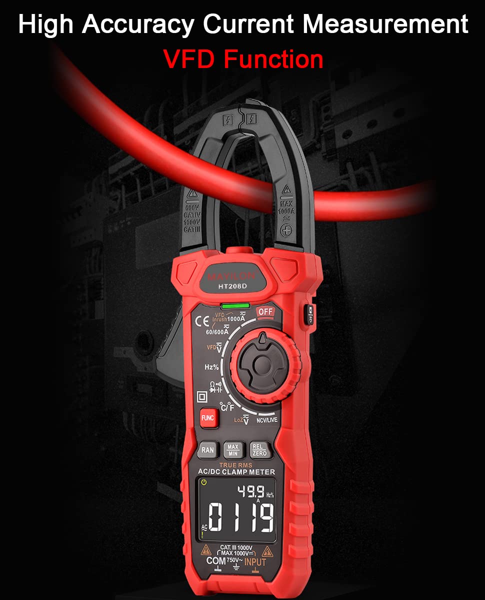 HT208D Einschaltstrom Stromzange, True-RMS Multimeter mit VFD, NCV und RAN Funktion, Misst AC/DC Spannung und Strom, Temperatur, Kapazität, Widerstand, Dioden, Kontinuität, Relativer Wert, LowZ