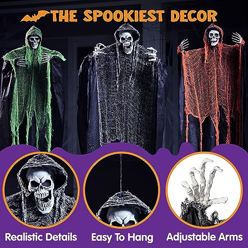 Image of JOYIN 3 Pcs Halloween Hanging Grim Reapers, one 63 inch Two 47 inch Grim Reapers, Halloween Skeleton Outdoor Decoration Flying Ghost for Haunted Haunted House Prop, Party Supplies Decor