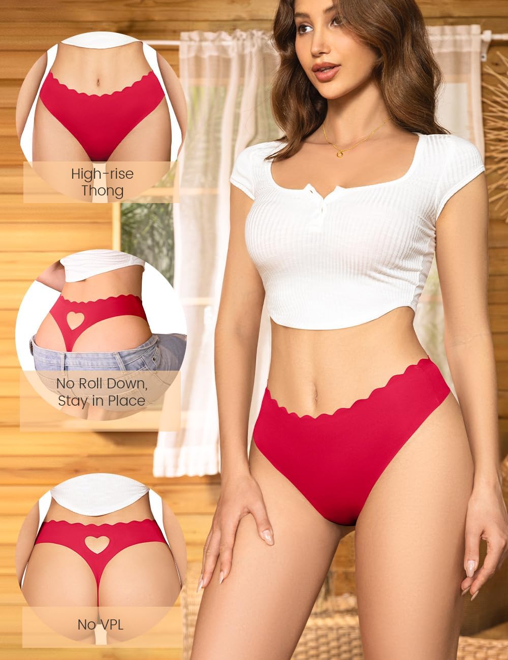 Derisaly Womens Seamless Thongs Underwear No Show Thong Wave-waisted Invisible Panties Comfy Heart Cutout for Ladies 6 Pack - Image 2