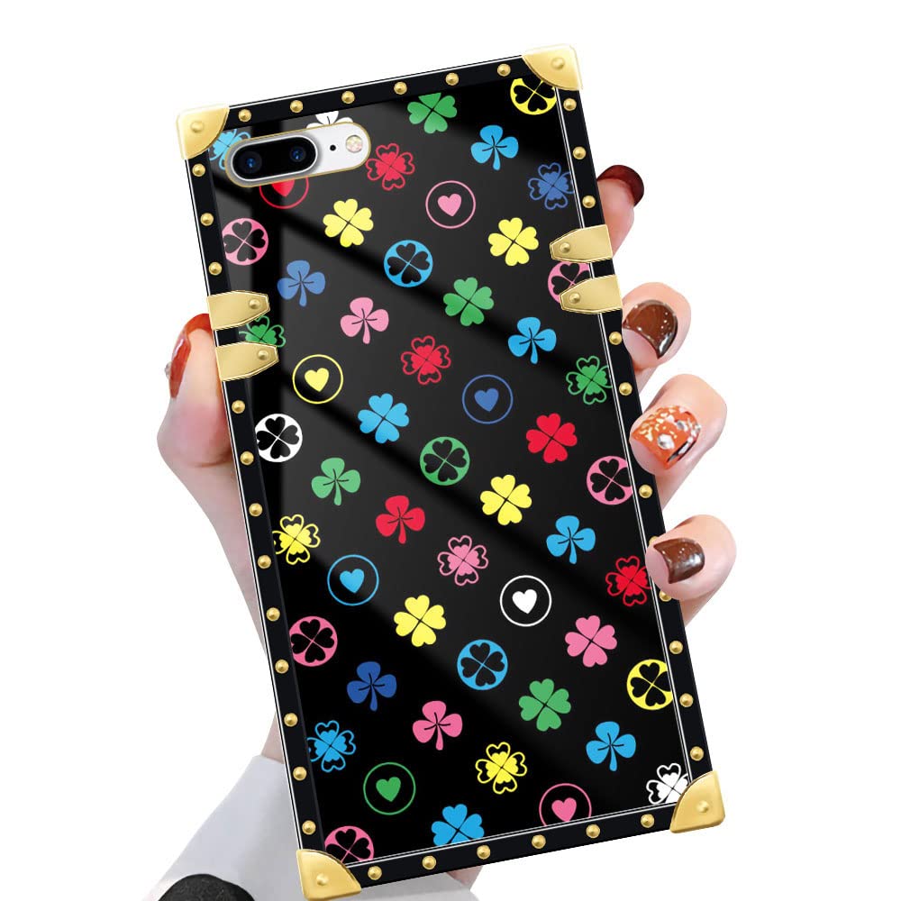 Yuning419Case Compatible with iPhone 8 Plus,Colorful Love Four-Leaf Clover 7 Plus Case for Girls,Luxury Soft TPU Shockproof Protective Hard PC Case for iPhone 7/8 Plus 5.5 inch