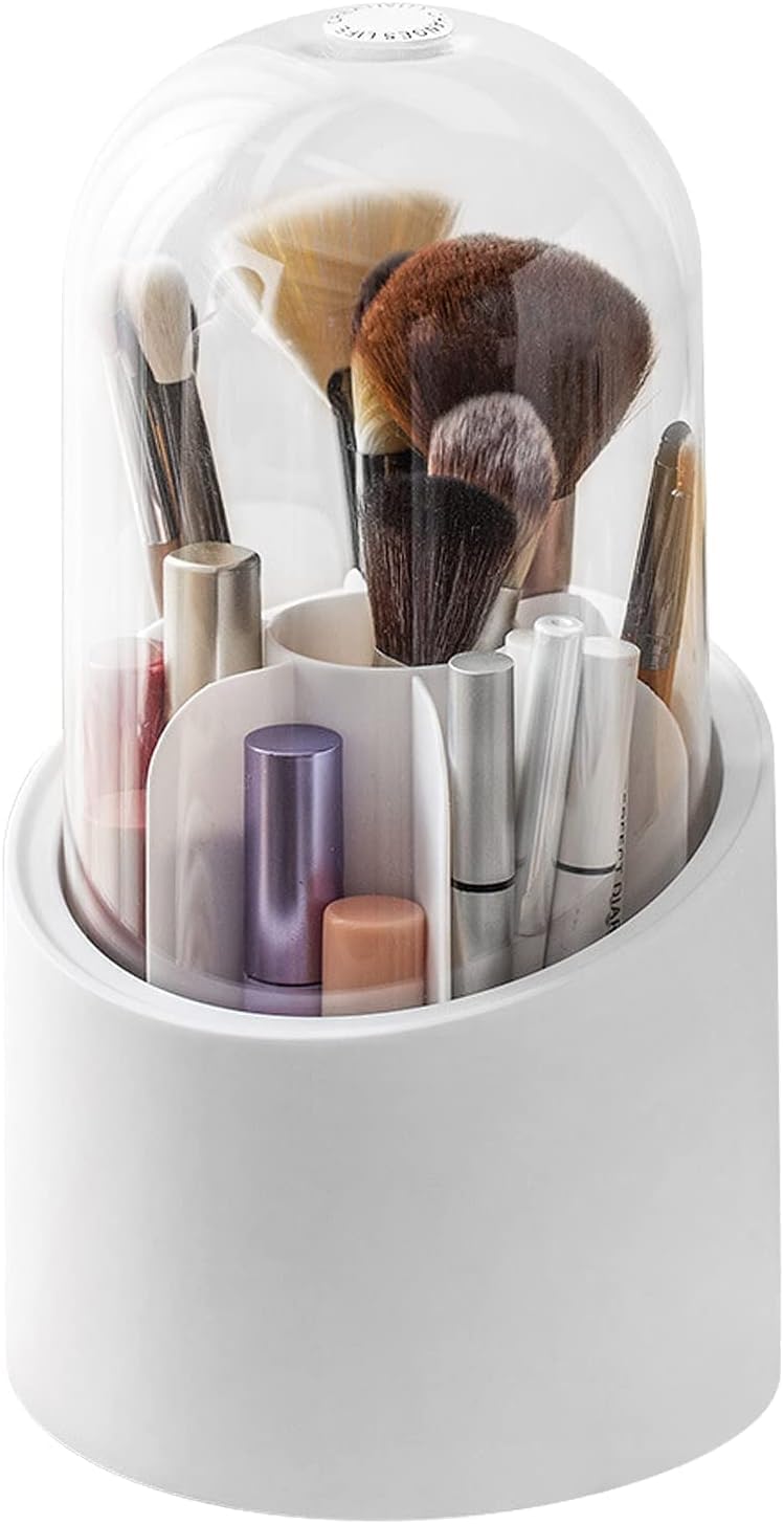 Feinerman 360° Rotating Makeup Brush Holder with Lid, Dustproof Cosmetic Brush Storage Box, Makeup Organizer for Vanity, Desk, or Bathroom Counter, Beauty Storage Box (White)