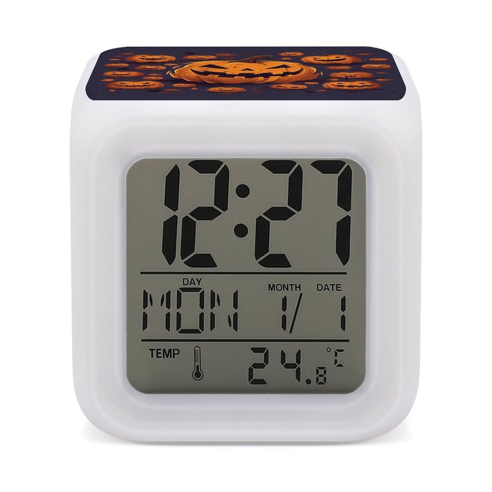 JTREHY Halloween Pumpkin Alarm Clock Seven Color Night Light Digital Clock Precision Reliable Alarms Clocks for Bedroom Heavy Sleepers Adults Gift for Men and Women