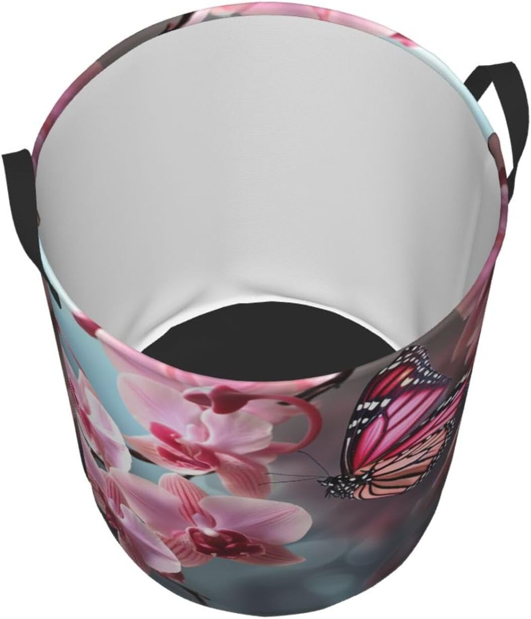 Orchid Flower Butterfly Soft Fresh Spring Laundry Basket With Handles, Foldable Laundry Hamper Oxford Cloth Dirty Clothes Basket Waterproof Clothes Toys Storage Bin Organizer for Bedroom Bathroom Dorm