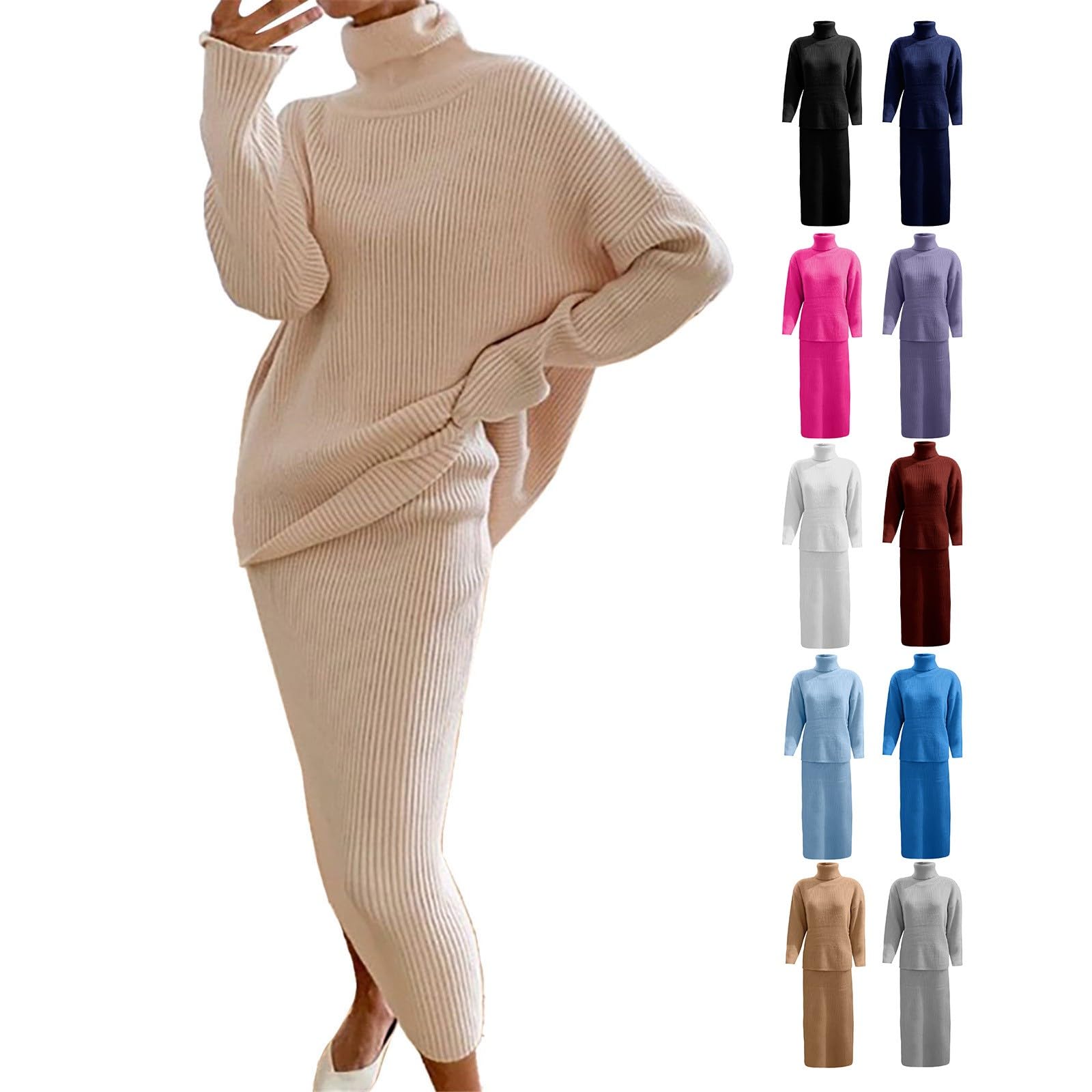 Generisch Abito da donna, lungo, elegante, invernale, a maniche lunghe, a maglia, spesso, caldo, casual, per il tempo libero, tinta unita