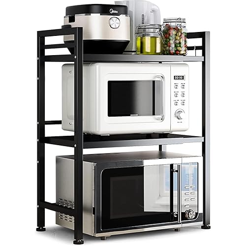 DOLALIKE Microwave Oven Rack, Expandable Microwave Stand Countertop Kitchen Utensils Tableware Storage, Carbon Steel Over Microwave Shelf Countertop with 3 Hooks