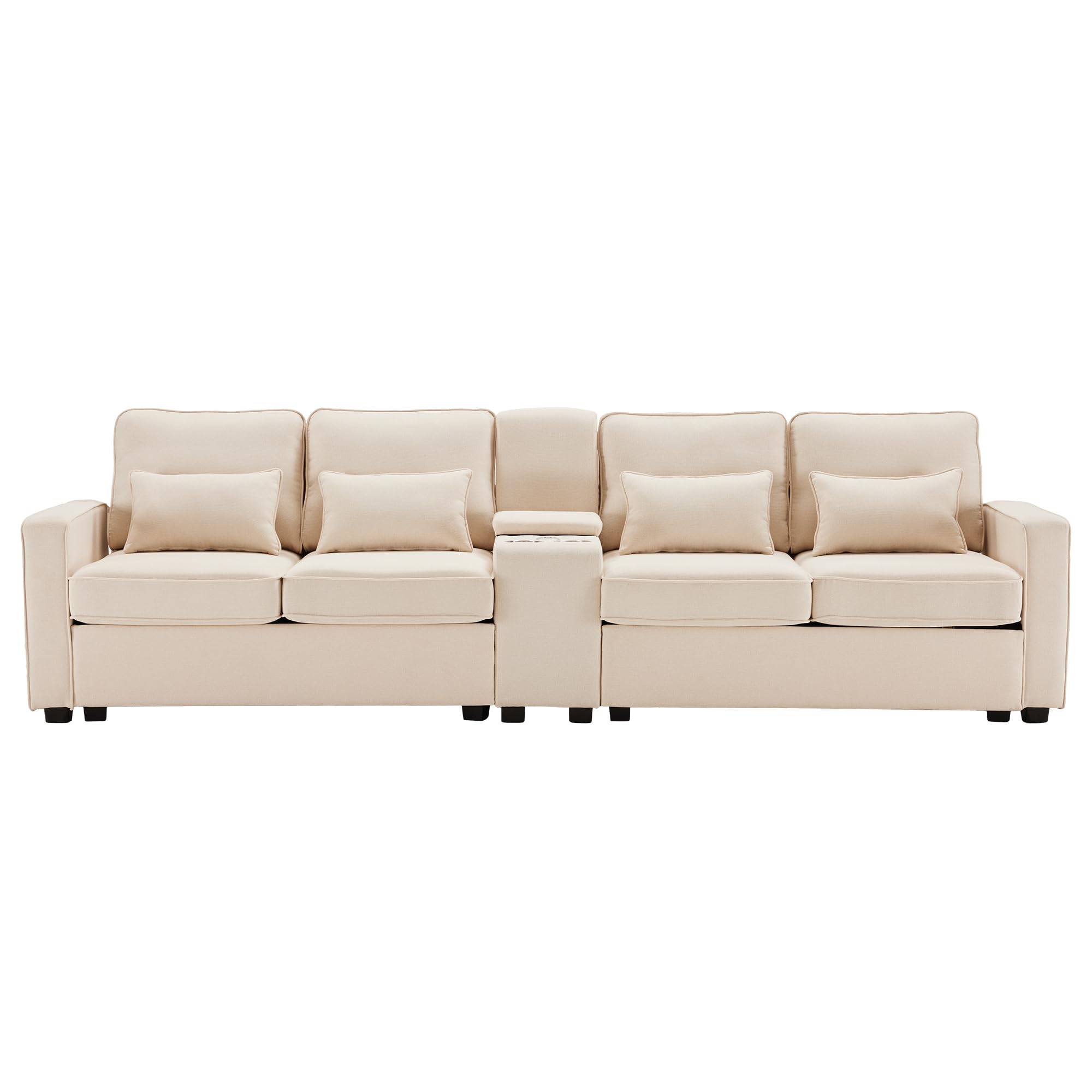 I0I&I0I Canapé moderne 4 places en lin avec ports USB, porte-gobelets, poches de rangement et 4 coussins - Canapé confortable pour salon, bureau, appartement (beige)