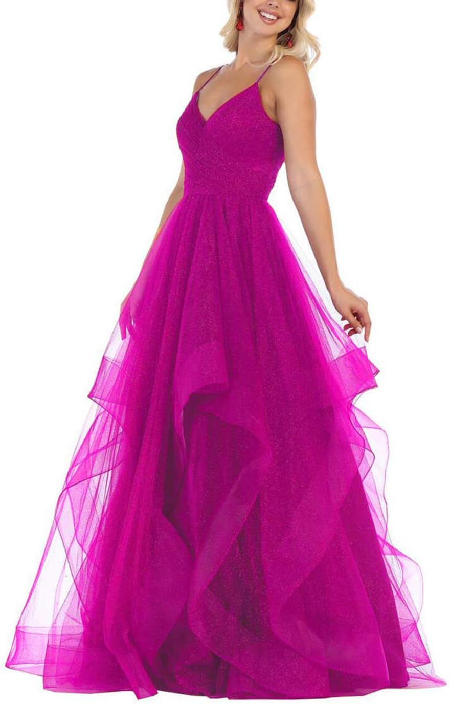 V-Neck Glitter Ball Gown Spaghetti Straps Tulle Prom Dresses Long for Women C12