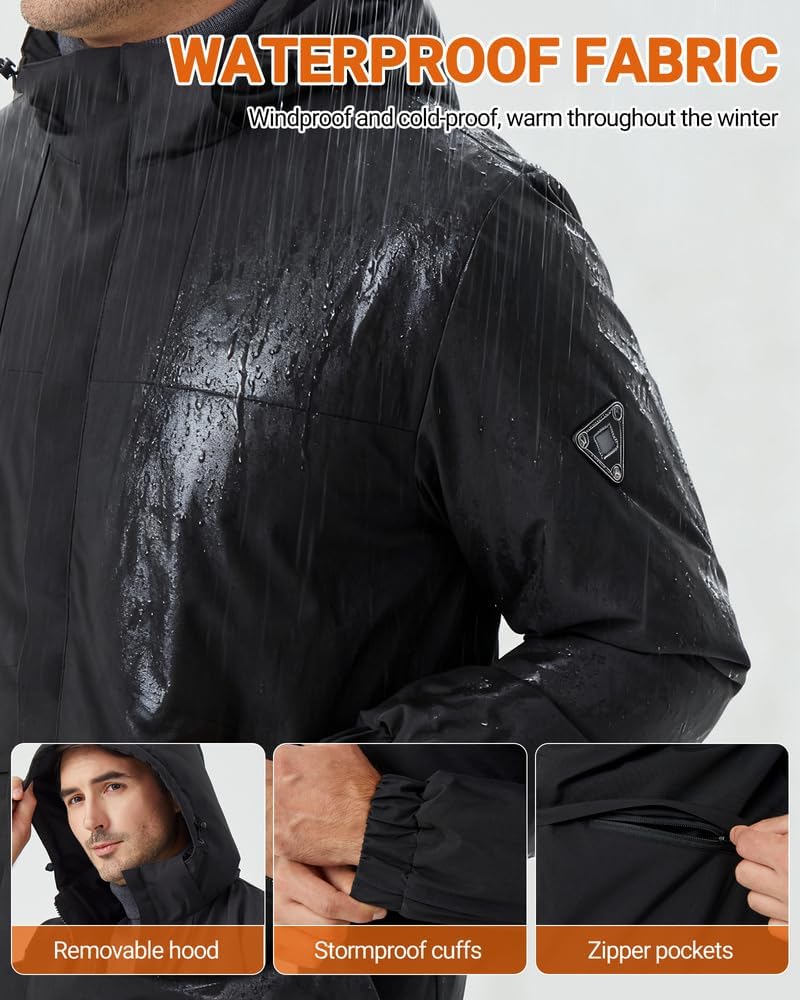 Heated Jackets for Men with Battery, Men's Heated Jacket, Waterproof, Heated Coat for Men, Detachable Hood