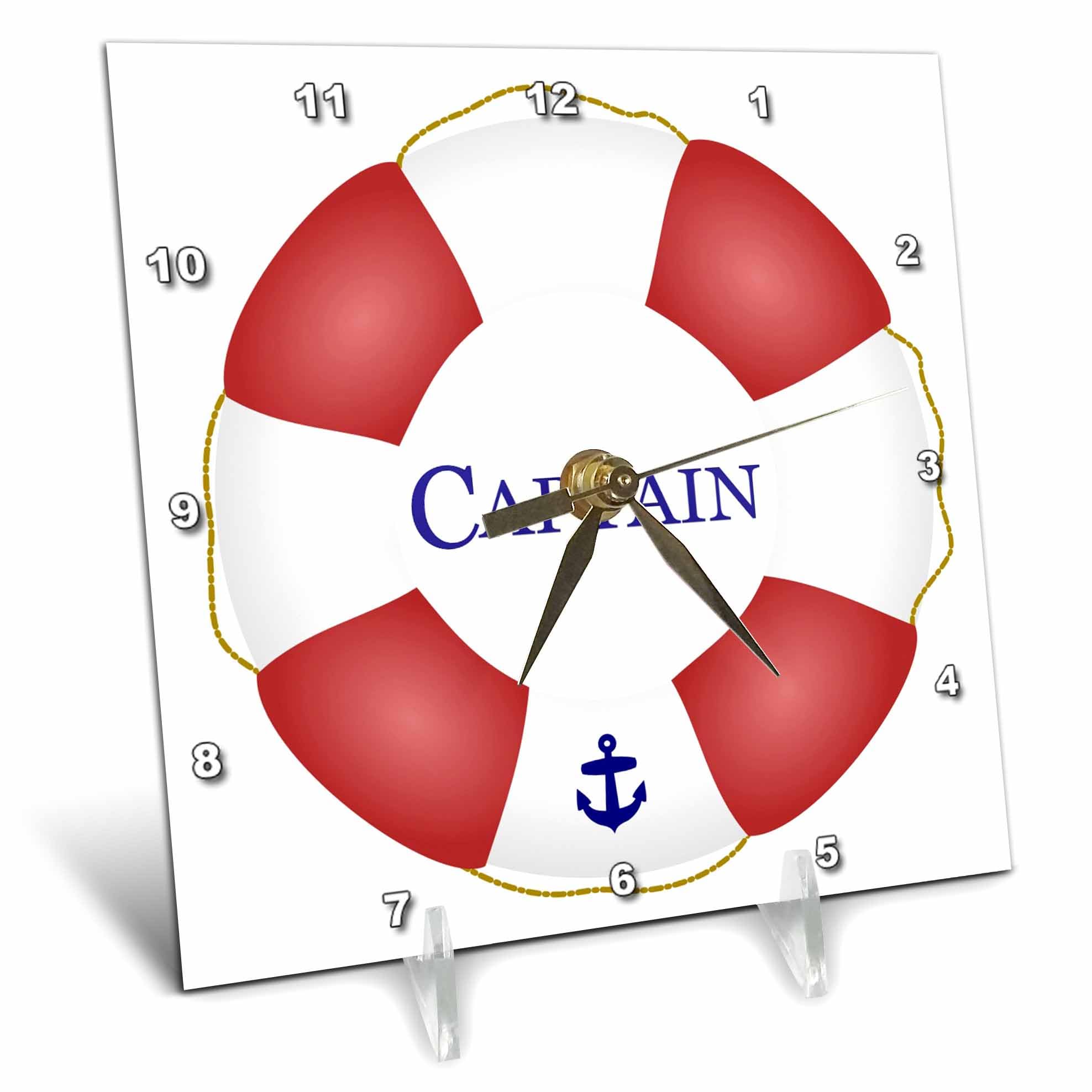3dRose dc_112924_1 Captain Lifesaver-Ship Life Preserver-Nautical Boat Ocean Sailing-Yacht Sailor-Sea Fisherman-Desk Clock, 6 by 6-Inch
