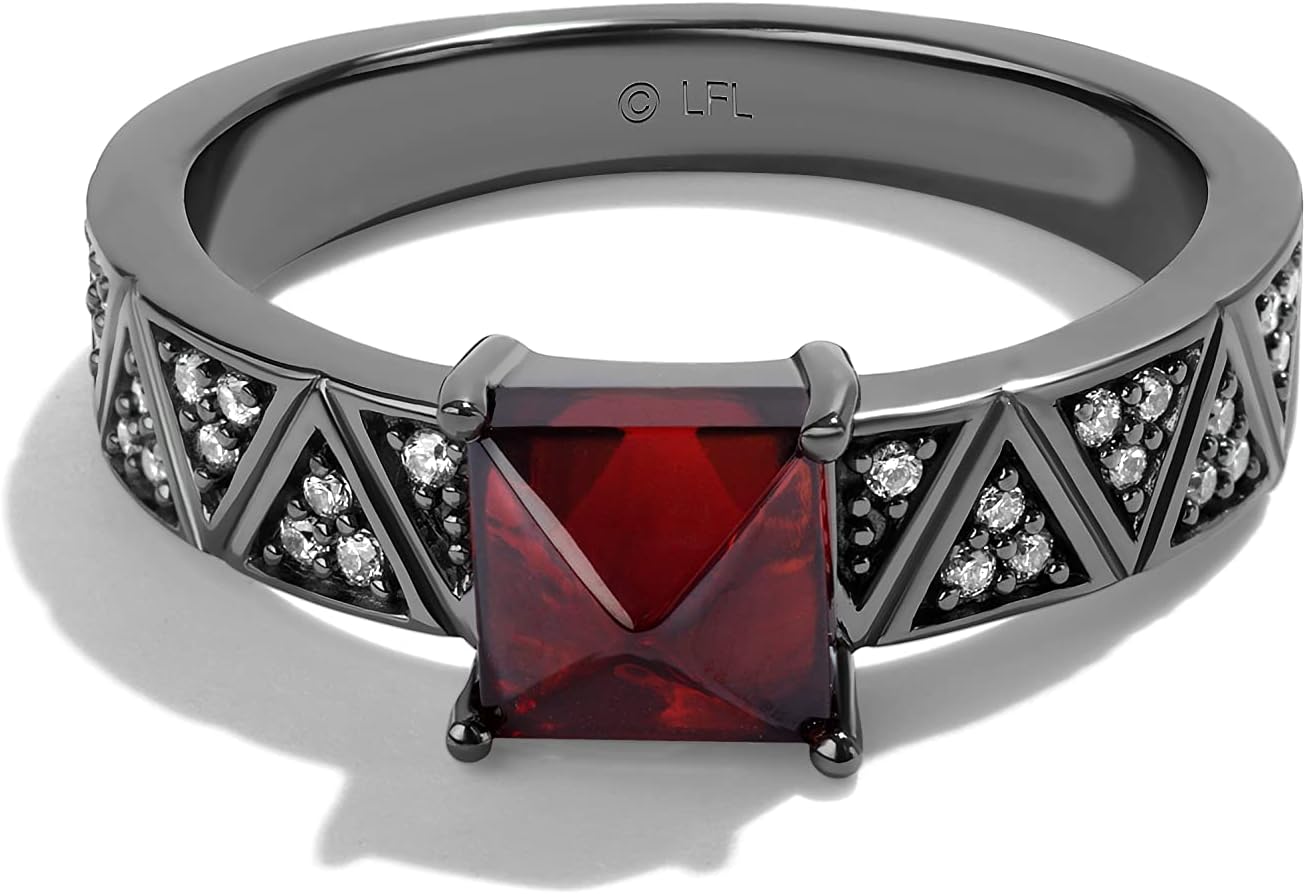 Jewelili Star Wars™ Fine Jewelry Darth Vader™ Ring for Women | Sterling Silver & Black Rhodium Band | Red Garnet & 1/8 Cttw Diamonds | Star Wars Gifts for Women | Jewelry with Gift Box