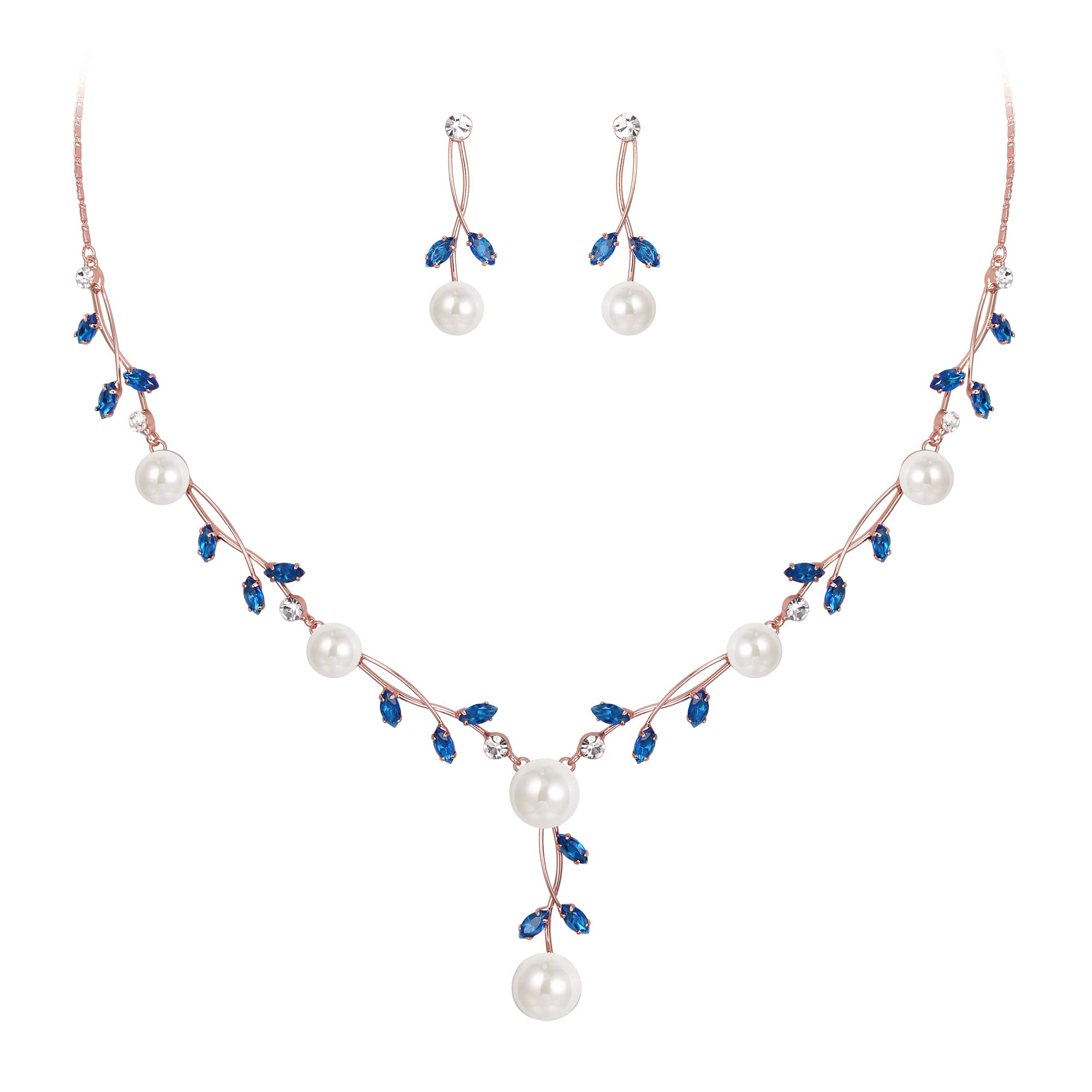 EVER FAITH Juegos de Joyas Mujer CZ Cristal Perla Simulada Floral Vid Filigrana Collar Pendientes Conjunto para Regalo Boda Azul Tono Oro Rosa