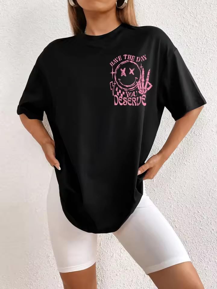 Image of Jawdrobe Cotton Blend Oversized Fit Half Sleeve Printed Round Neck T-Shirt for Women | Aesthetic Summer Wear