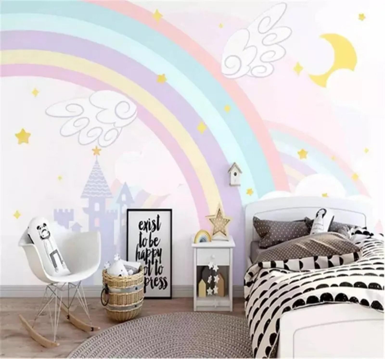Cartoon Beautiful Rainbow Castle Stars 3D Wallpaper Easy Install Feature Office Living Room Sofa Bedroom TV Background Wall Decoration-200cm×140cm