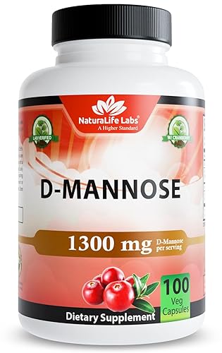 NaturaLife Labs Organic D-Mannose 1300 mg with Organic Cranberry Extract 100 mg per Serving – 100 Capsules – Non-GMO, Gluten-Free, Vegan
