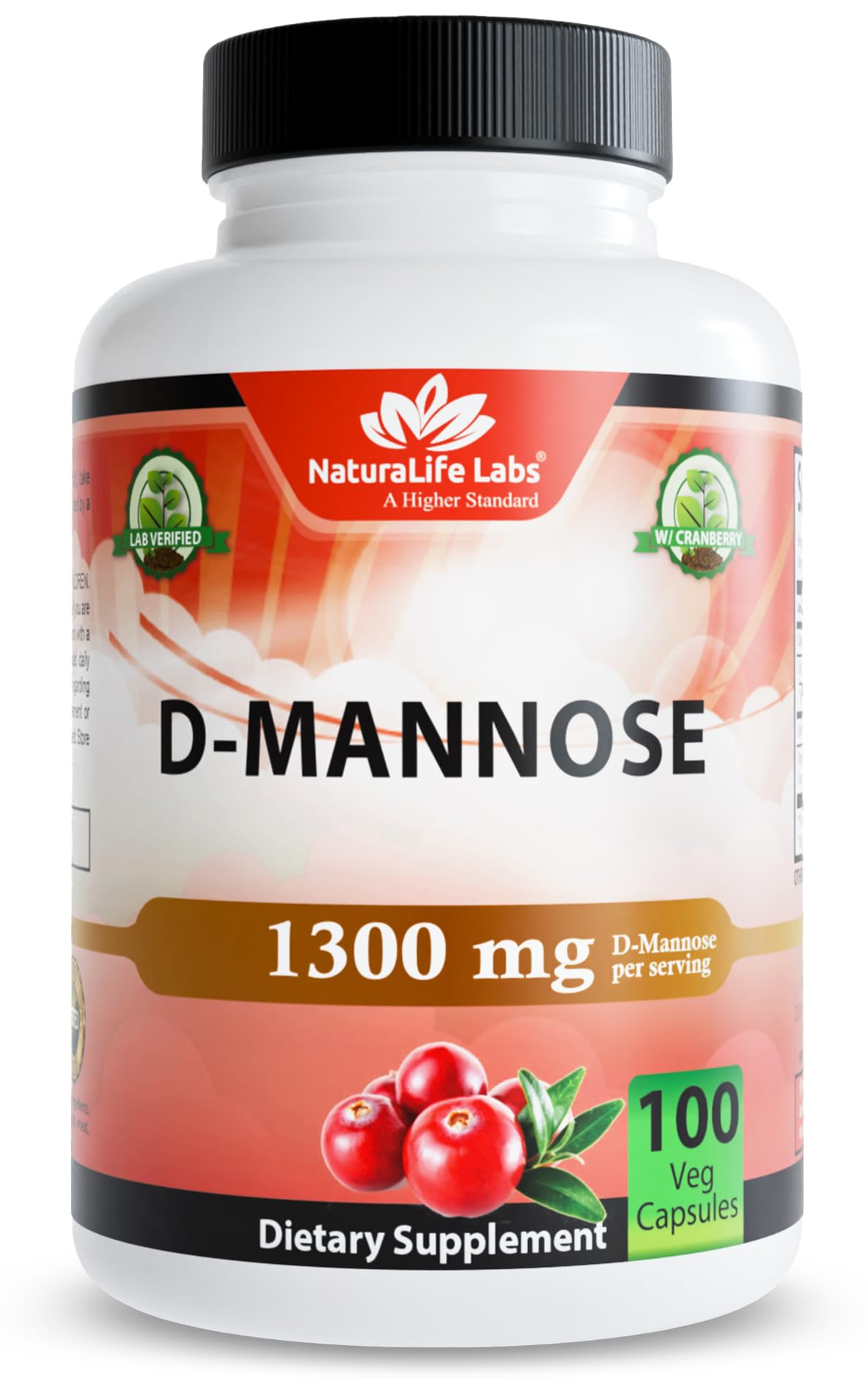 NaturaLife Labs D-Mannose 1,300 mg with Cranberry Extract Fast-Acting, Flush Impurities, Natural Urinary Tract Health- 100 Veggie Capsules