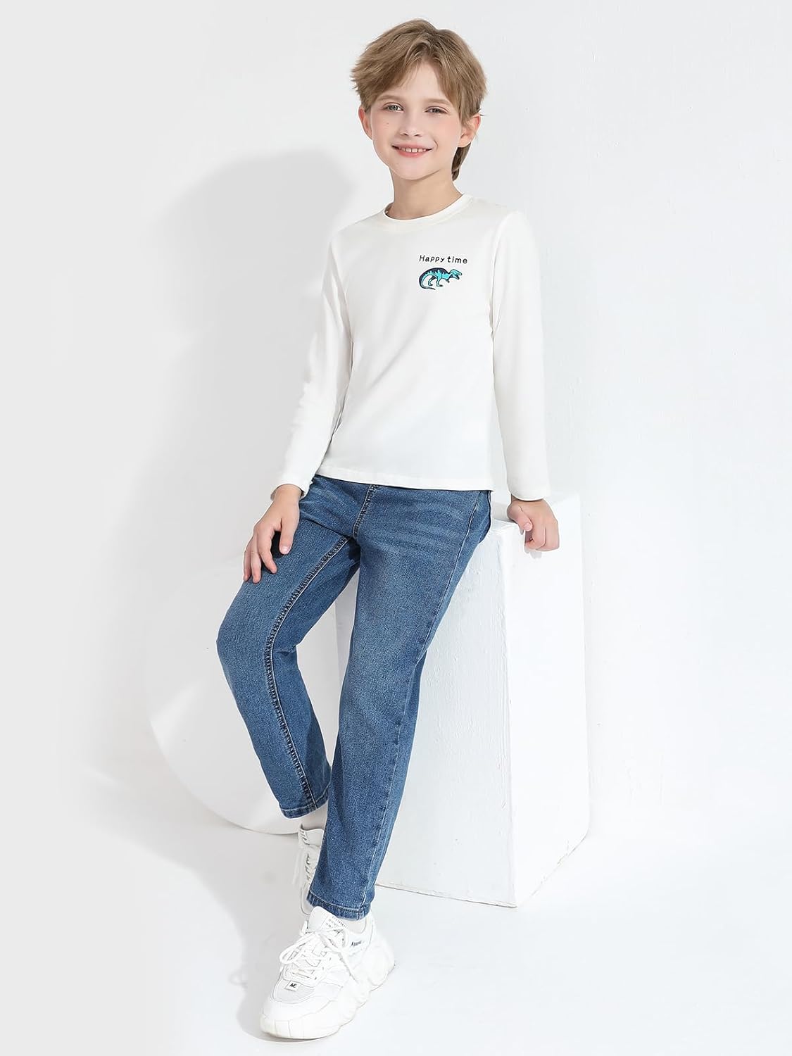 Haloumoning Boys Jeans Kids Elastic Waist Straight Leg Denim Pants with Drawstring 4-14 Years - Image 5