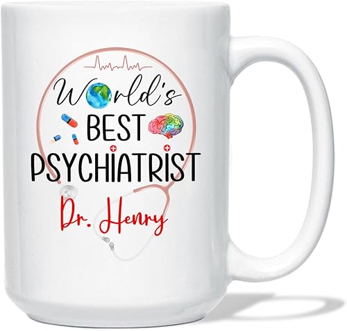 Miniatura 1 de Taza de cerámica blanca personalizada del mejor psiquiatra del mundo con nombre de psiquiatra, taza de café personalizada del mejor psiquiatra del