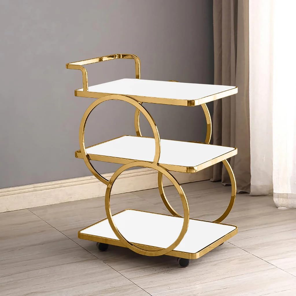 End Table Bar Table 3-Tier Metal Serving Table with Wheels Gold Elegant Home and Restaurant Mobile Cart for Effortless Food Serving Coffee Table for Living Room (Golden White)