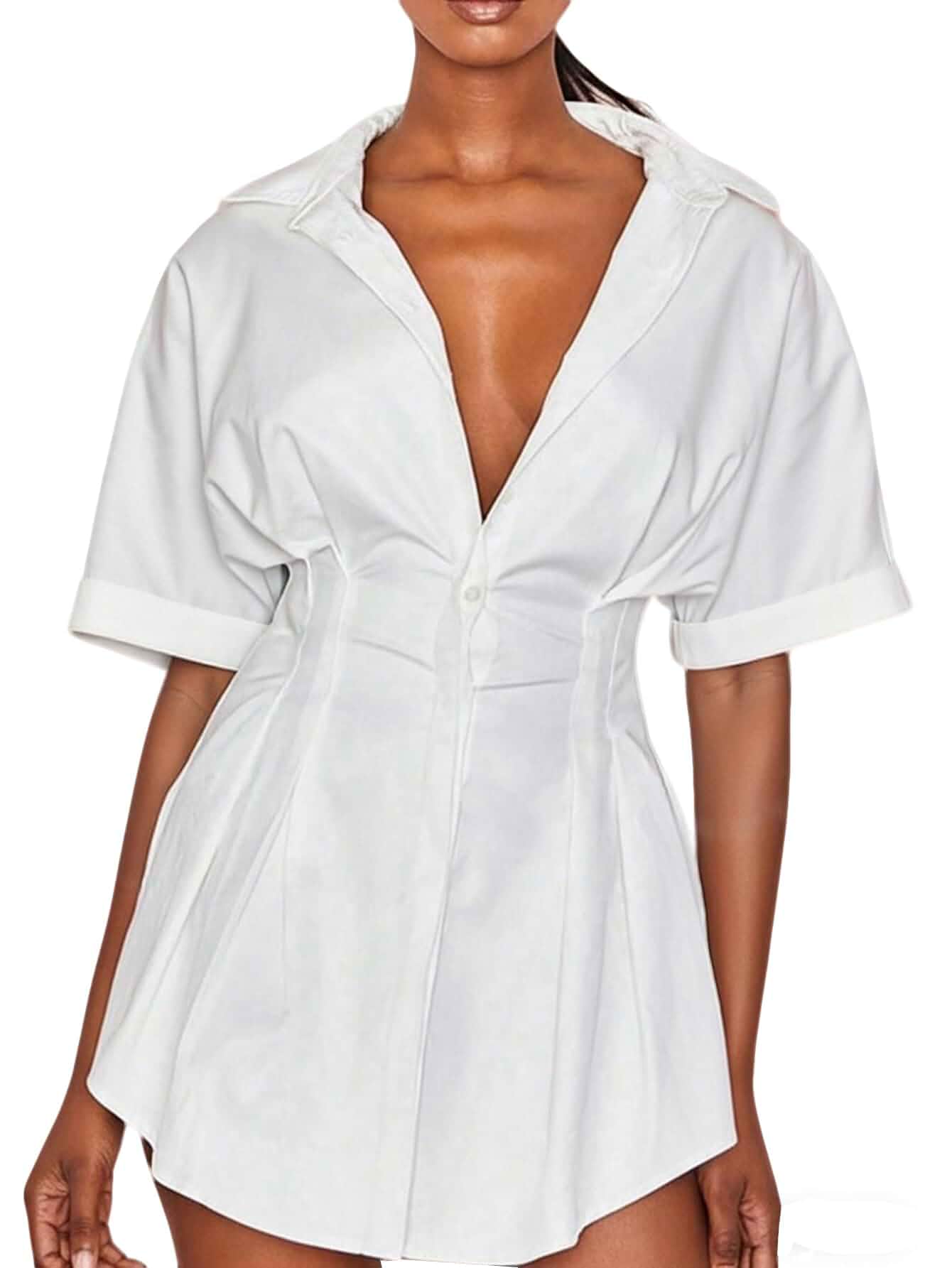 Women's Collar Button Down Short Sleeve Mini Work Shirt Dress Short Sleeve