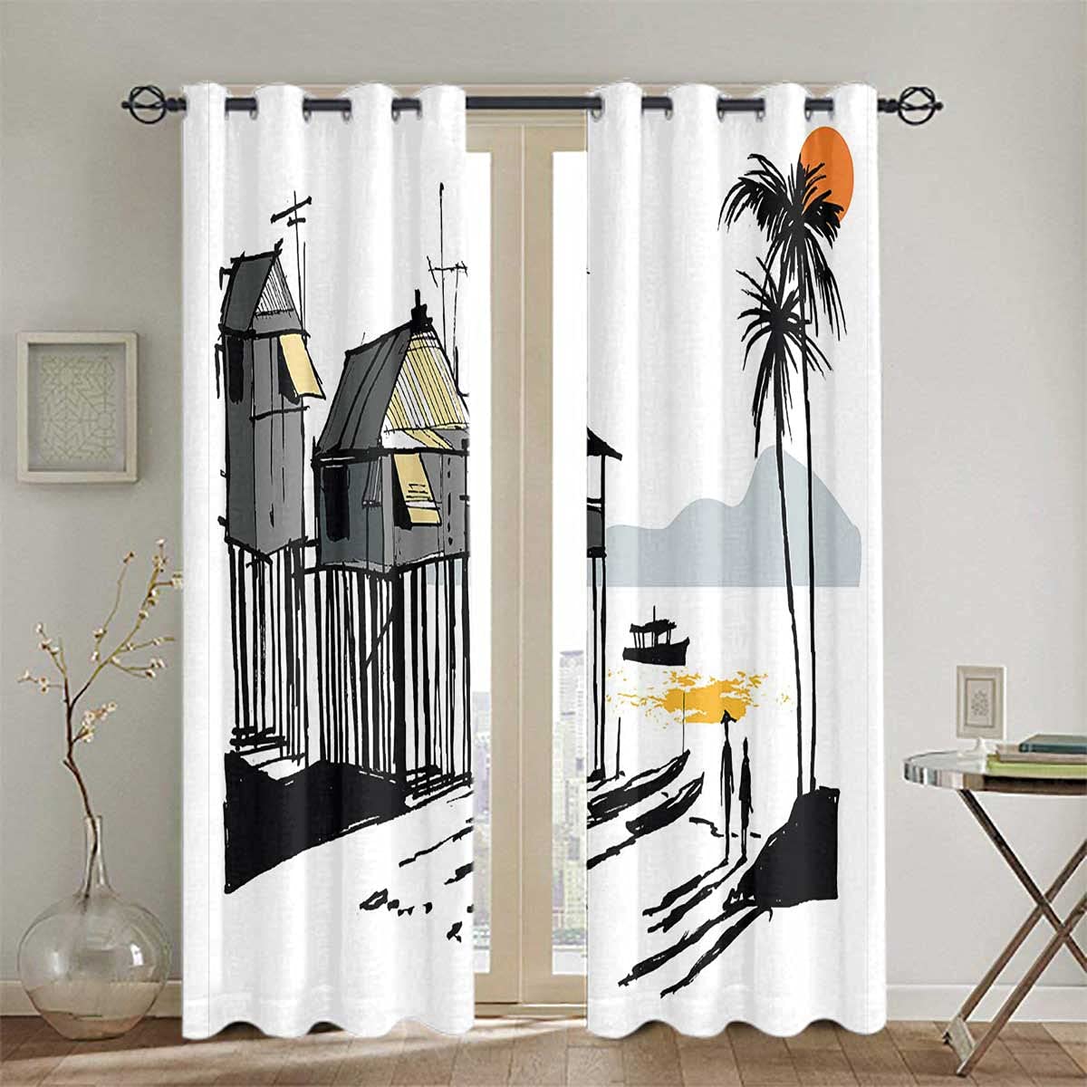 Blackout Curtains Bedroom Insulated Darkening Fishing Village Malay Thermal Insulated Drapes Panels for Living Room 84 x 72 Inch