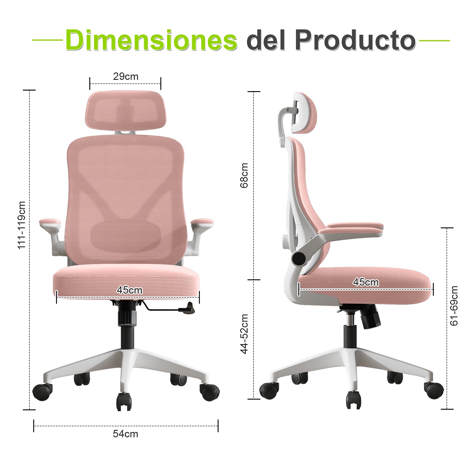 Silla de Escritorio con Ajustable Soporte Lumbar, Silla de Oficina Ergonómica con Reposabrazos Abatibles, Silla de para Ordenador para Oficina en Casa, Estudio y Juego, Rosa