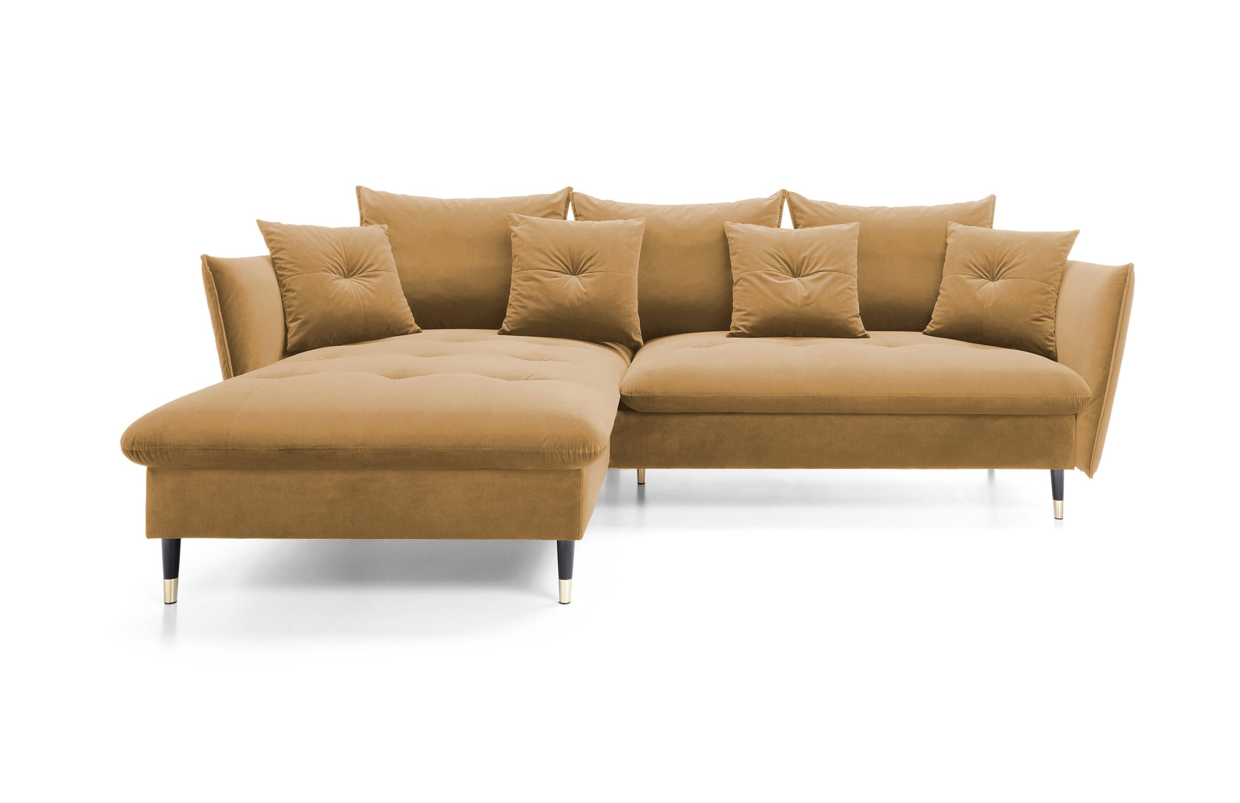 DomoHome Ecksofa Glam mit Schlaffunktion, Freistehend, Ottomane und Goldenen Füßen – Samtsofa im Glamour-Stil für Ihr Wohnzimmer, mit Zierkissen, 258x167x91cm, Linke Seite Platinum