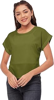 Copas Básicas De Color Sólido para Mujeres, Tapas De Crepe De Cuello Redondo De Manga Corta