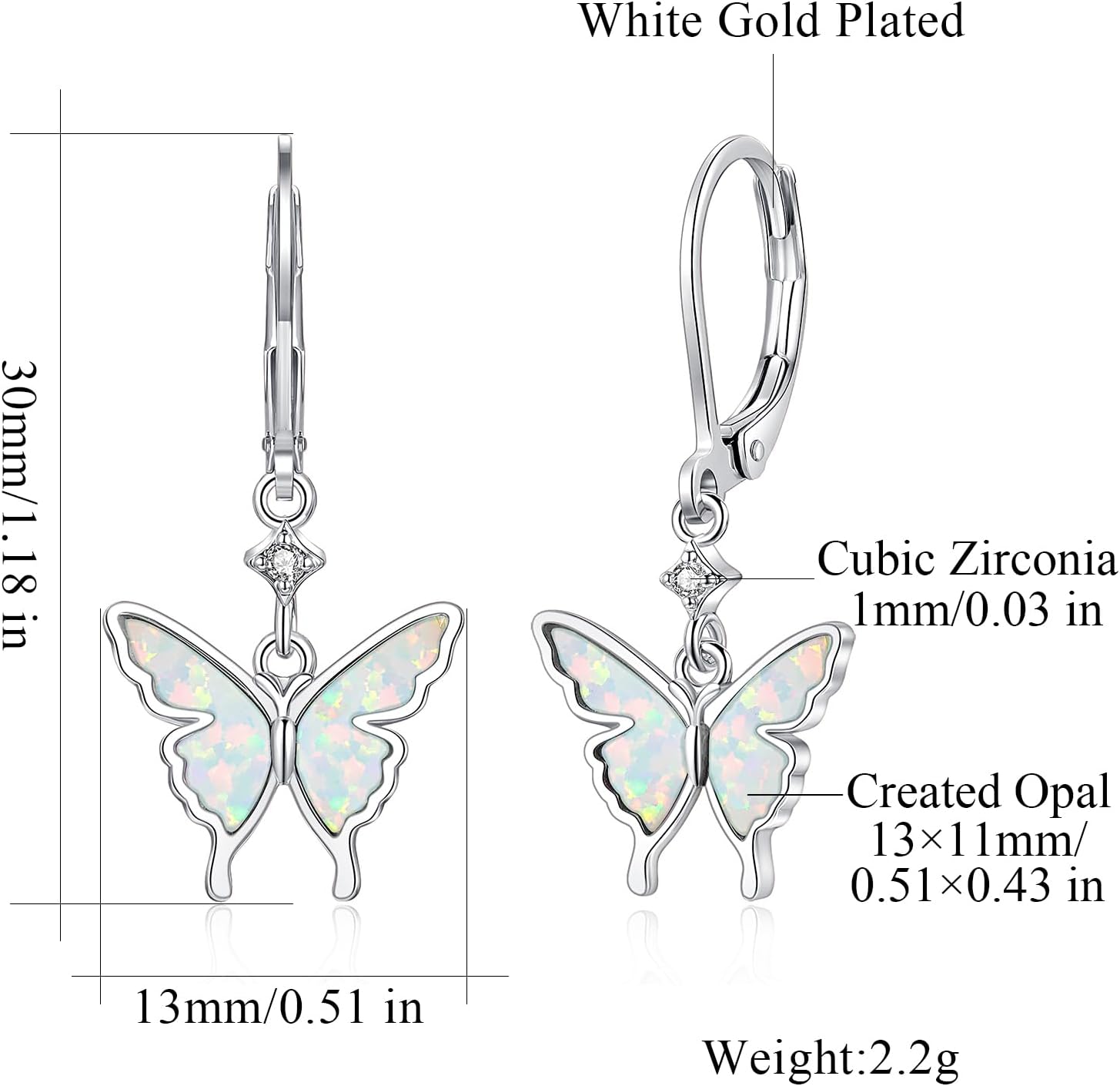 CiNily Butterfly Earrings for Women Dangling Earrings, Created Opal Dangle Drop Earrings Lightweight Dainty Butterfly Earrings 14K White Gold, Rose Gold, Yellow Gold Plated - Image 3