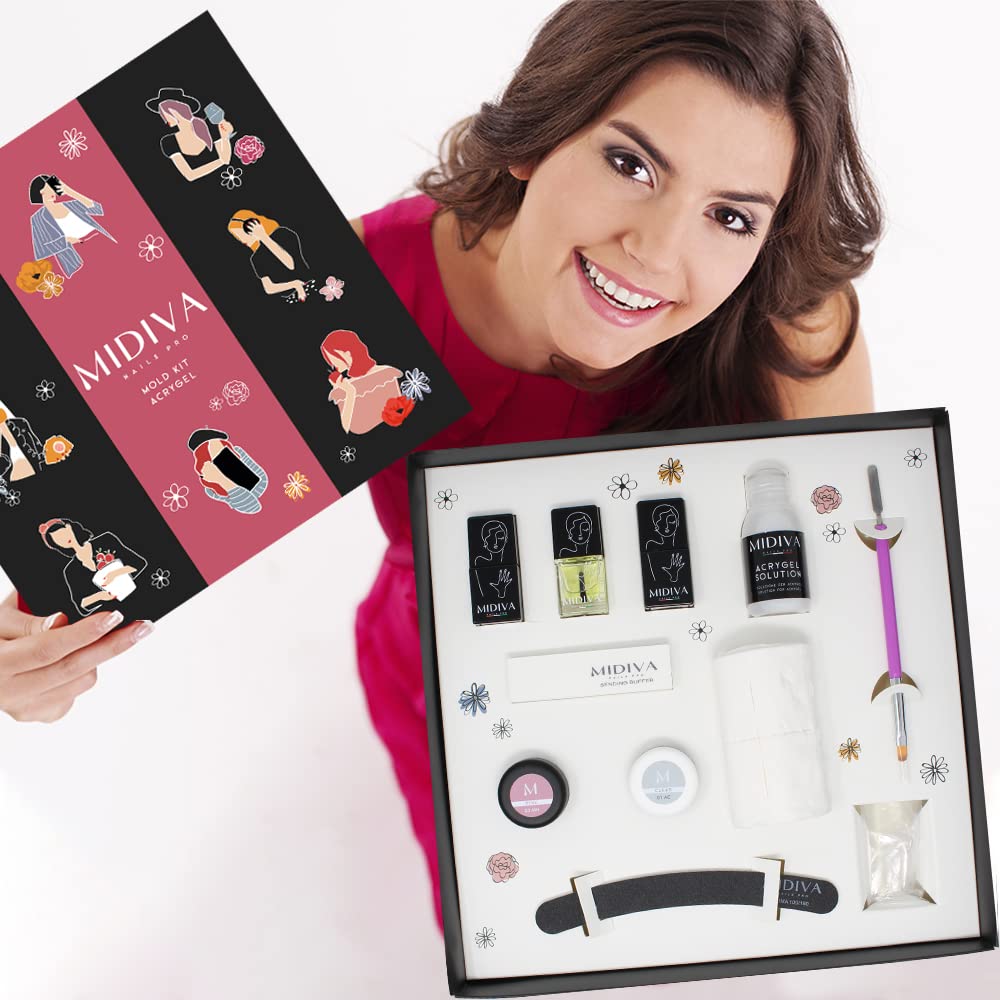 MIDIVA® Nails Pro kit Acrygel Unghie Completo "Mold" + Lampada led 48watt - Contiene 6 Prodotti Made in Italy: Progrip, Acrygel Solution, Shinegloss, Olio Cuticole e 2 Acrygel Pink/Clear + Accessori