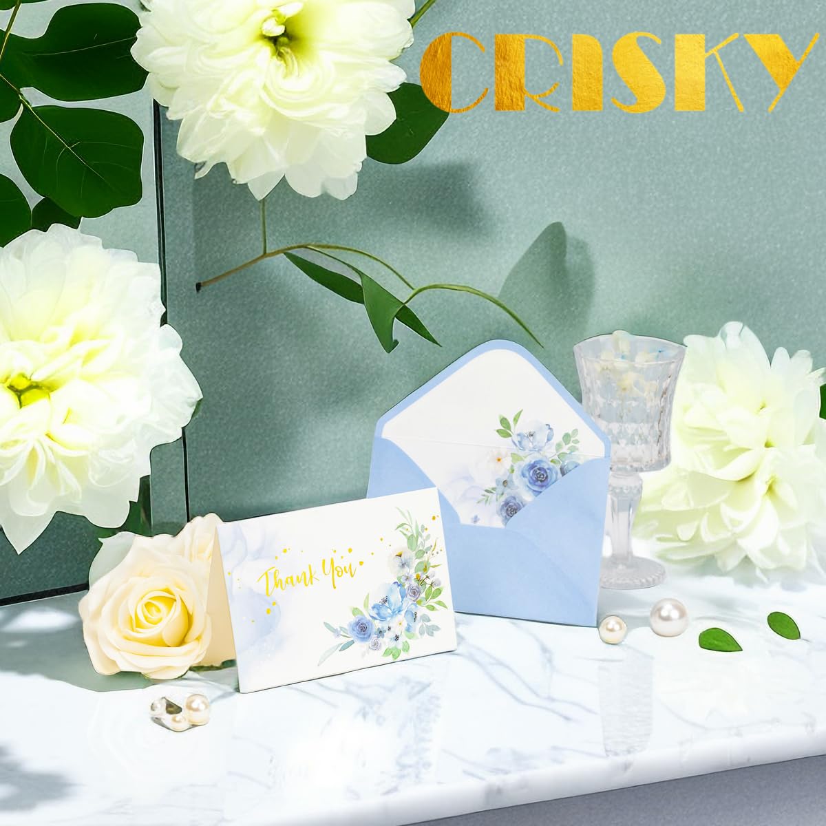 Crisky Tarjetas de agradecimiento, 4 surtidos, flores pintadas en acuarela (50 tarjetas con sobres para cumpleaños, baby shower, despedida de soltera, boda, todas las ocasiones)
