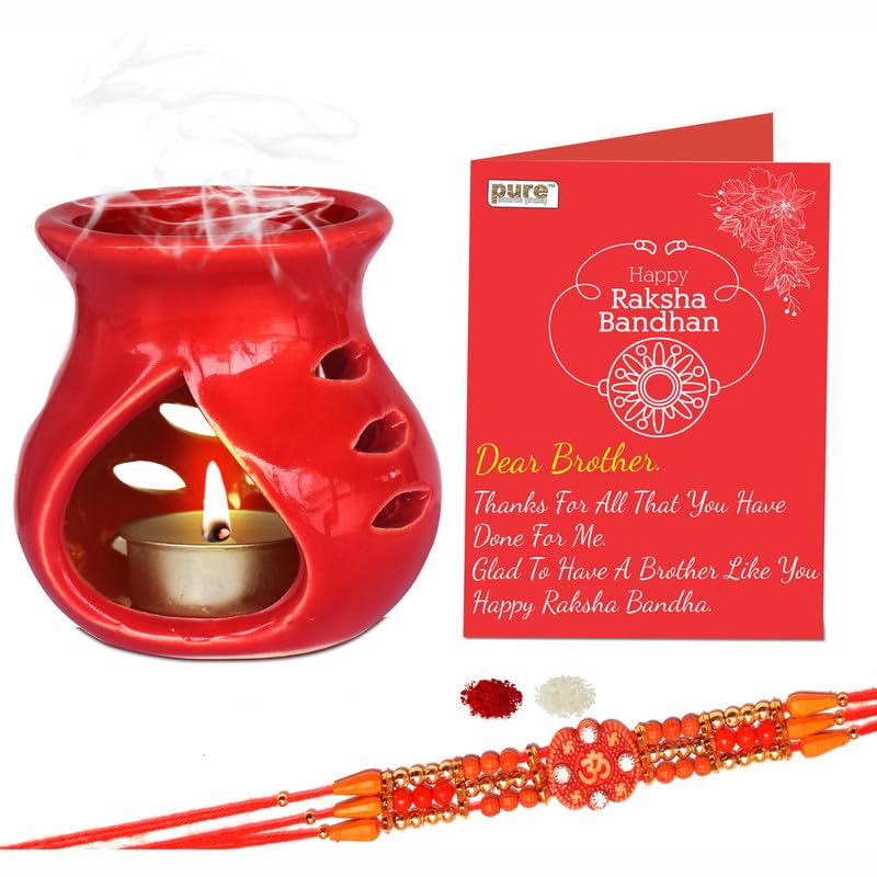 Pure Source India Raksha Bandhan Designer Rakhi with Greeting Crad, Roli and Chawal Set for Brother,Bhaiya (OM and 97Red)