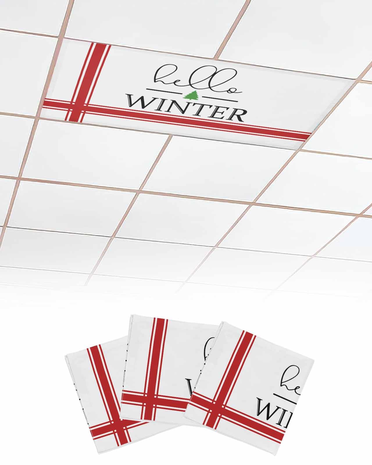 EwdeWwo Hello Winter 3 Pcs Fluorescent Light Covers for Ceiling Lights, Christmas Tree Red Line Magnetic Light Filters for Eliminate Harsh Glare Classroom Office Decoration, 4 x 2 Ft
