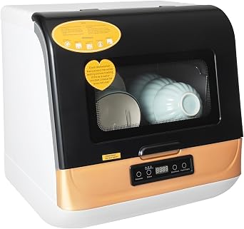 Countertop Dishwasher Mini Dishwasher Portable Kitchen Tabletop Dishwasher 360 Rotating Deep Cleaning Dishwasher with 8L Built-in Water Tank, 3 Washing Programs Dishwasher Gold | US Stock