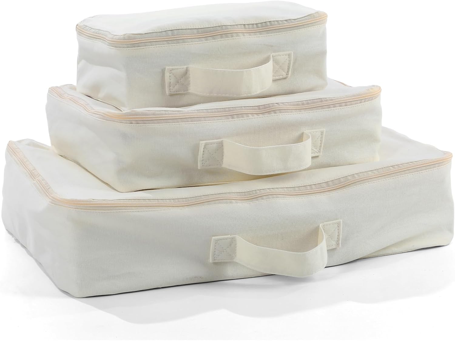 Shinymoon 3 Set 100% Cotton Packing Cubes with Handle Travel Luggage Storage Organizer Bags Beige Suitcases Bags Durable Zippers for Clothes Shoes Storage Weekender Plus Set (Small, Medium, Large)