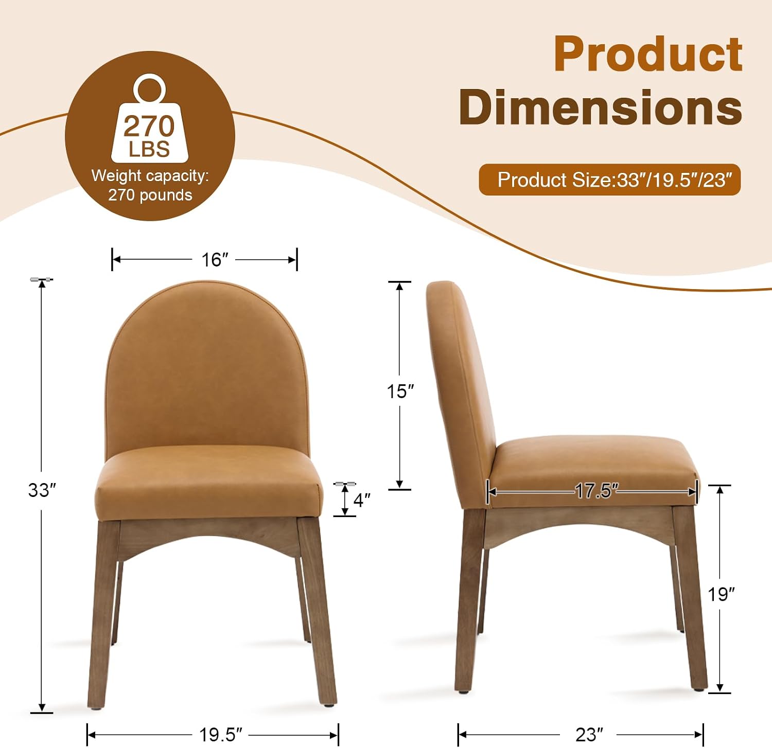 HNY Mid Century Modern Dining Chairs Set of 2, Faux Leather Upholstered Dining Room Chairs Armless Kitchen Chairs with Solid Rubberwood Legs, Accent Side Chairs for Living Room, Brown