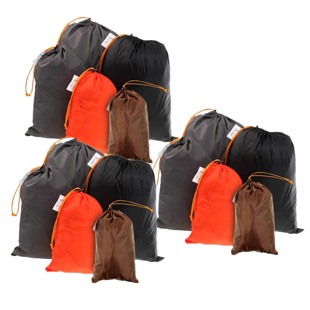 Easnea 15Pack Lightweight Nylon Compression Stuff Sack Bag Waterproof Outdoor Camping Small Sleeping Bag Black Drawstring Bag, 5 Sizes